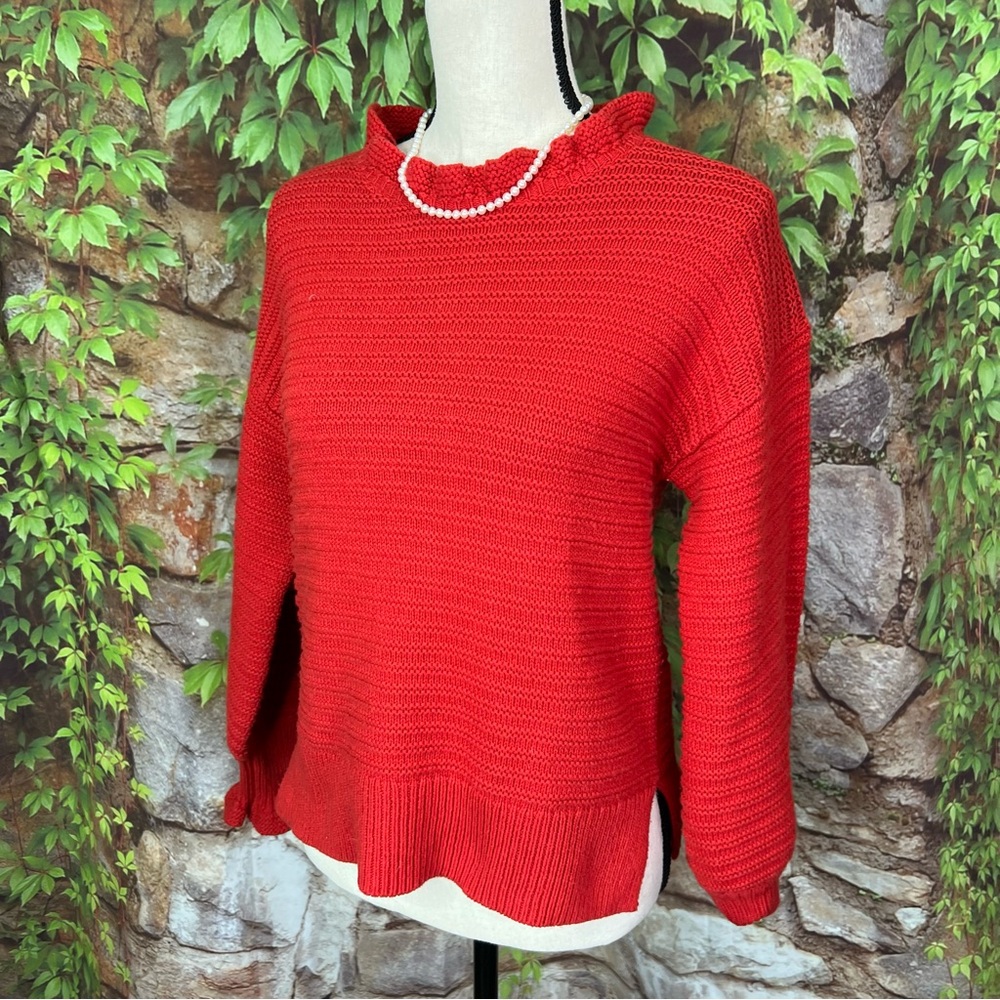 MADEWELL Red Ruffle-Trimmed Rib Knit Sweater, S - Picture 7 of 10